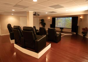 a home theater in a finished basement