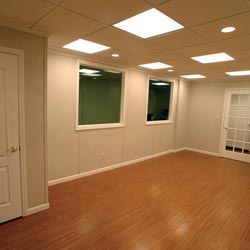 A newly finished basement in Elmhurst with a warm, appealing look